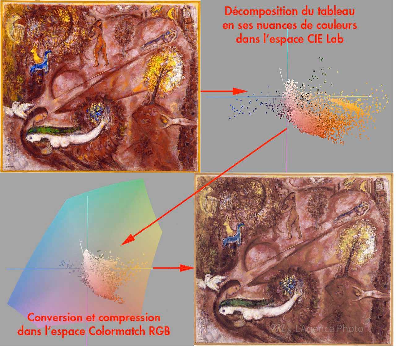 Graphiques explicatifs sur l’effet de la compression et de la conversion colorimétrique