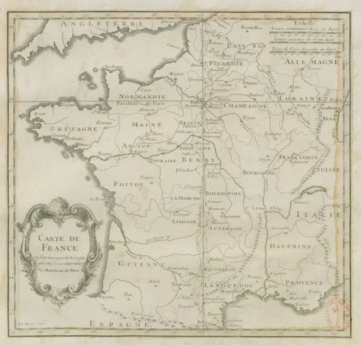Carte de France ou sont marqué les triangles qui ont servi à déterminer la Meridiene de Paris