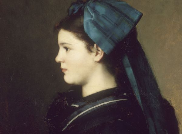 Eugénie Henner en alsacienne, tenant un panier de pommes