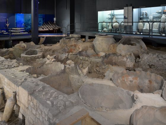 Vestiges in situ d'un entrepôt romain à dolia, céramiques, amphores, monnaies, balances